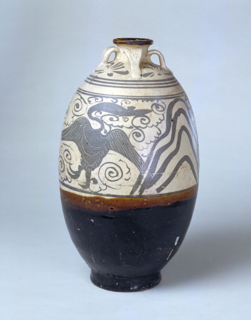 图片[1]-Cizhou kiln white ground black flower cloud phoenix pattern four-series bottle-China Archive